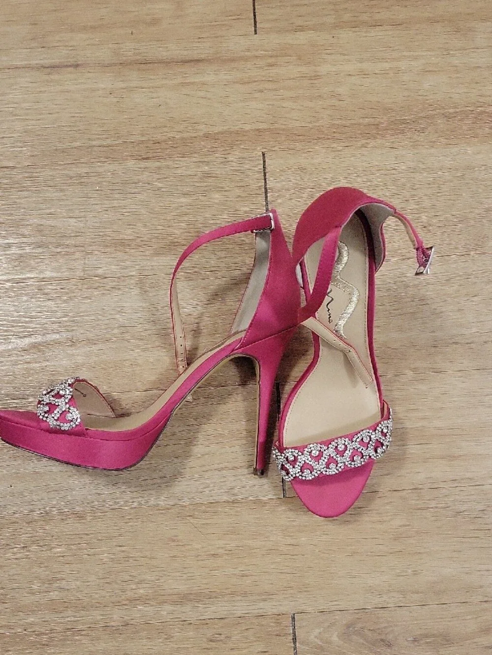 Nina Hot Pink Crystal-Strap Ankle-Heel Sandals